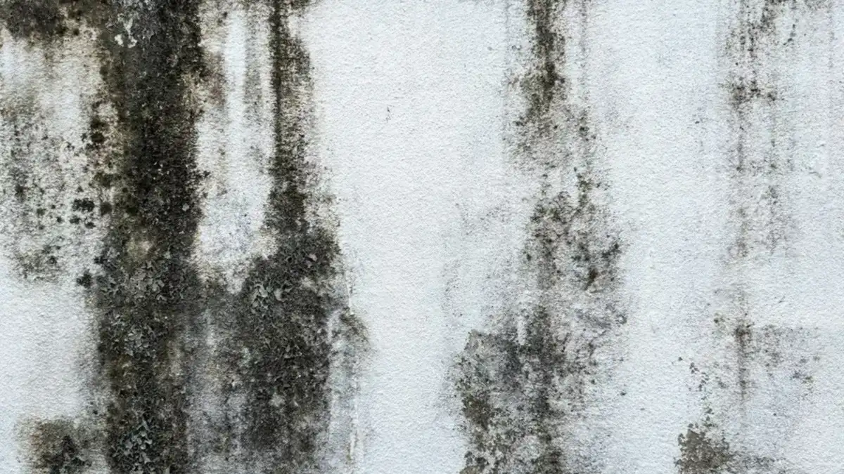 Pared clara con manchas negras de moho y humedad que bajan en franjas